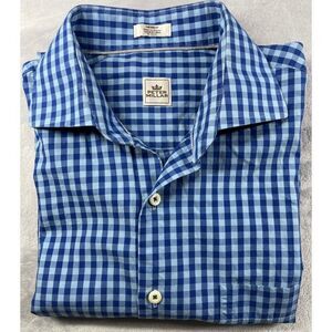 Peter Millar Crown Button Up Shirt Long Sleeve Blue Plaid Check Cotton Mens Medi